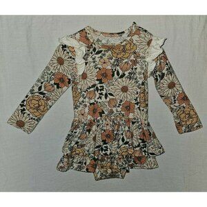 Caden Lane Floral Ruffle Long-Sleeve One-Piece in Cream, Peach & Black